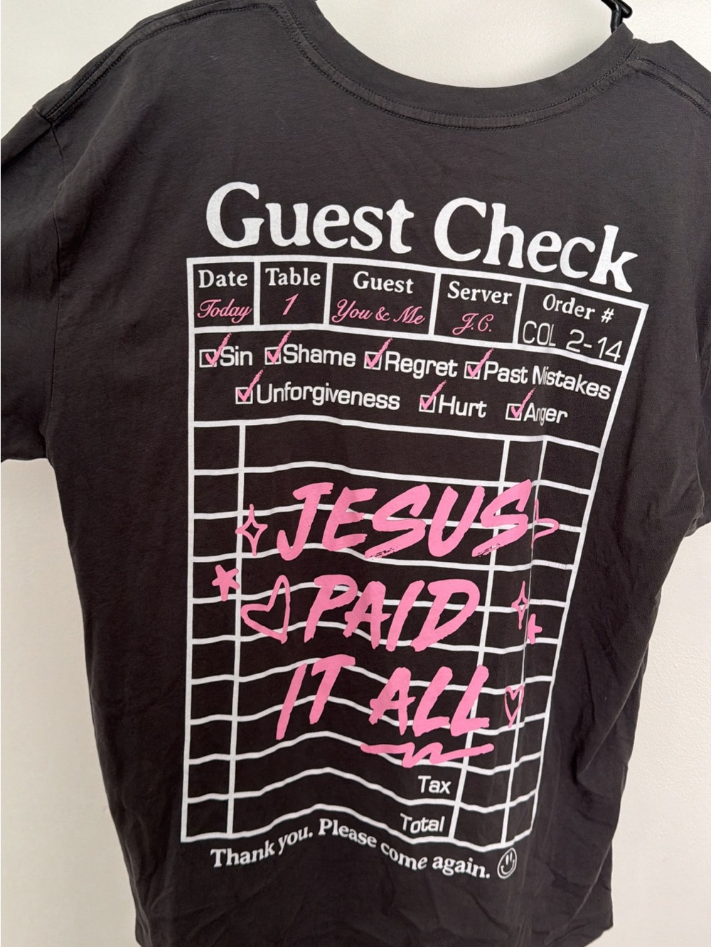 Love Culture Dark Gray Tee with Pink & White 'Jesus Paid It All' Graphic